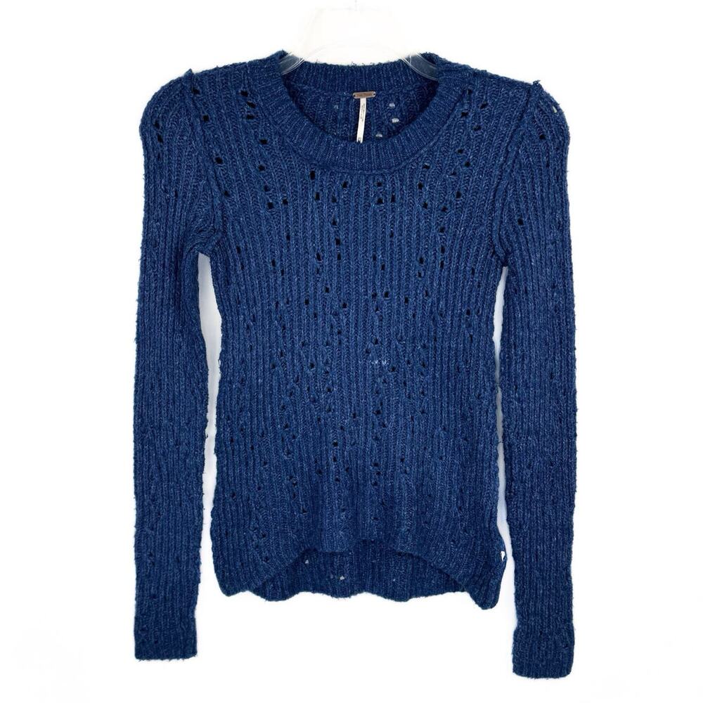 Free People Blue Wool Blend Distressed High Low Knit‎ Sweater Women's XS
